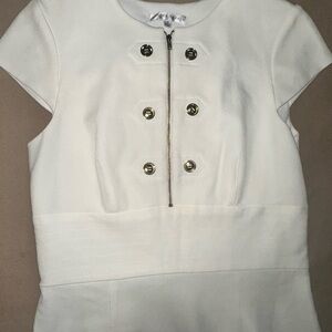 Sandra Darren White Short Sleeve Sheath Dress with Gold Buttons